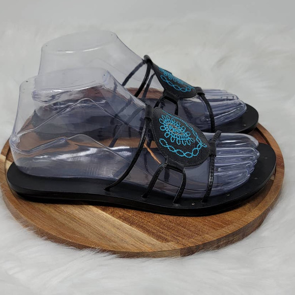 Sam Edelman Leather Black/Turquoise Flat Sandals 6.5 - Picture 2 of 7